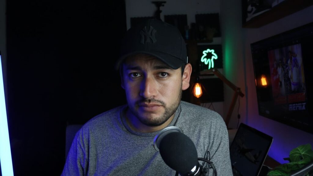 Content creator in a home studio with a microphone