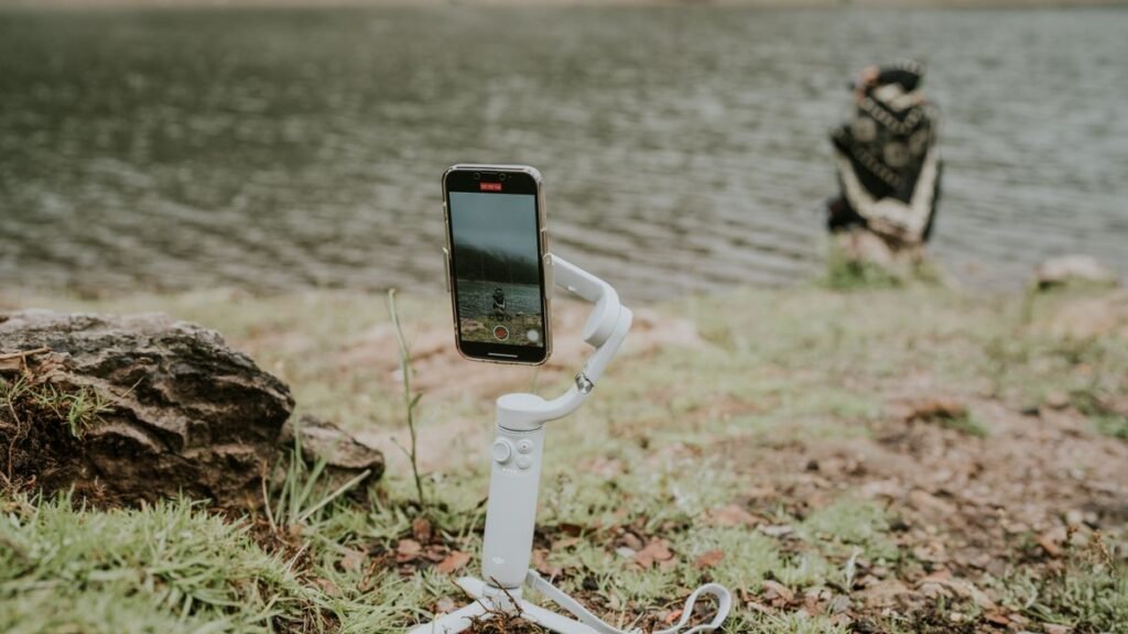 Smartphone on a gimbal filming outdoors