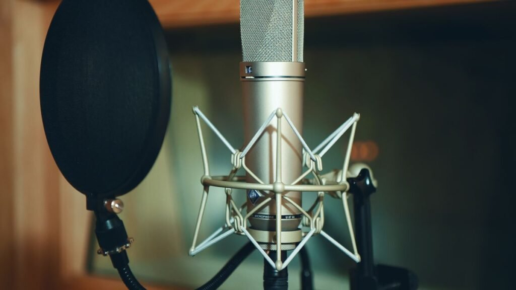 Studio microphone with pop filter for recording voice-overs